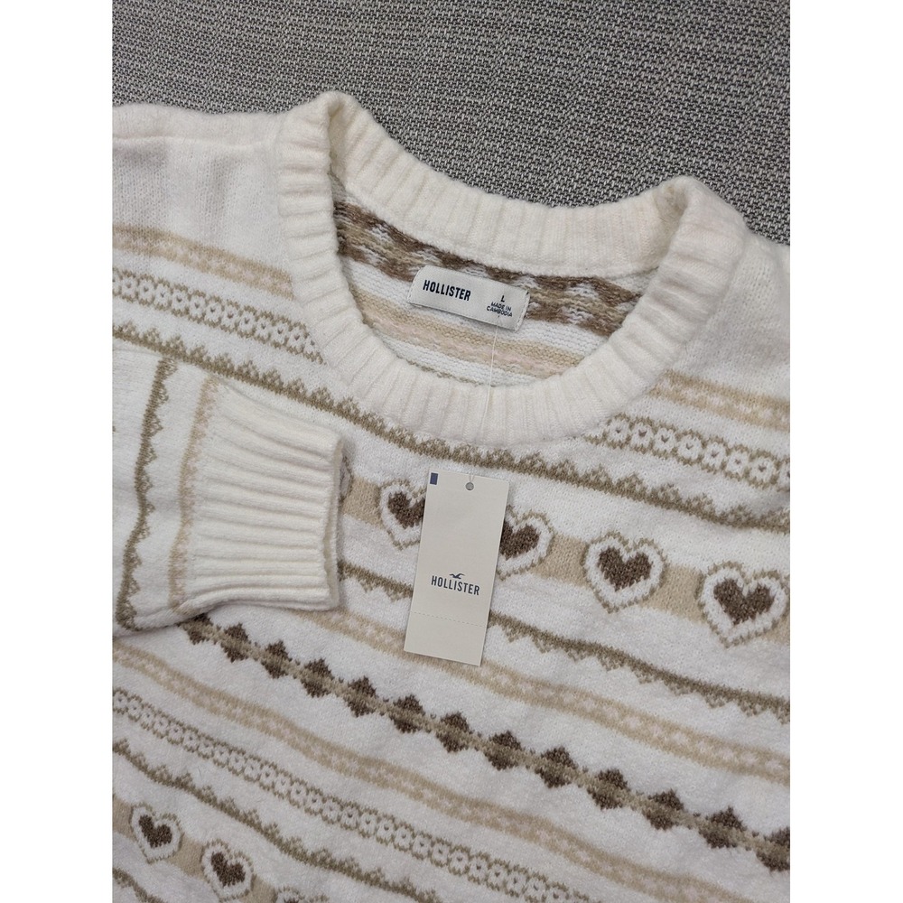 Hollister Sweater Womens Large White Heart Fair Isle Crew Neck Pullover Knit